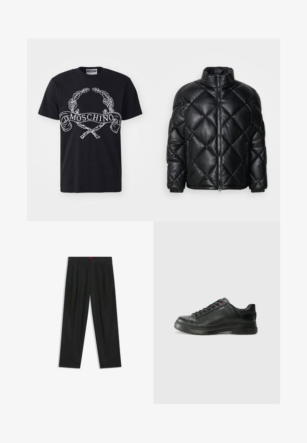 Mustat tikattu pusakka, jossa on korkea kaulus, etuvetoketju ja vetskarilla varustetut sivutaskut. Valmistettu sileästä kiiltävästä materiaalista.; Musta puuvillapaita, jonka etupuolella on valkoinen painettu laakerinoksa ja brändin nimi "MOSCHINO" bannerilla; klassinen pyöreä pääntie.; Mustat housut, joissa on poimutettu muotoilu, leveä lahjetyyppi ja sileä pinta. Varustettu punaisella vyötärötagilla.; Musta nahkakengät, joissa on teksturoidun pinnan, pehmustettu kaulus ja punainen logo. Kengissä on paksu kumipohja, jossa on selkeä uramalli.