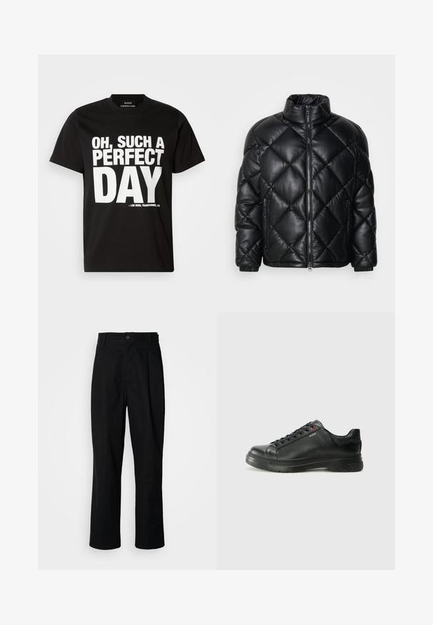 Črna prešita jakna s kapuco, z visokim ovratnikom, sprednjim zadrgo in stranskimi žepi z zadrgo, izdelana iz gladkega sijajnega materiala.; Črno majico s kratkimi rokavi iz bombaža s poudarnim belim besedilom: "OH, TAKŠEN POPOLN DAN" z referenco na album Loua Reeda.; Črne hlače ravnega kroja z gumbastim pasom, zanke za pas in sprednjim pregibom, prikazane na enobarvnem belem ozadju.; Črne usnjene superge z teksturiranim zgornjim delom, podloženim ovratnikom in rdečim logotipom. Imajo debel gumijast podplat z izrazitim vzorcem.