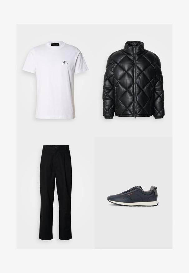 Black quilted puffer jacket with high collar, front zipper, and zippered side pockets, made of smooth shiny material.; White cotton t-shirt with a crew neck, short sleeves, and a small black embroidered logo on the left chest. Simple and classic design.; Black straight-leg trousers with a buttoned waistband, belt loops, and front crease, displayed against a plain white background.; Navy blue sneakers with a smooth synthetic upper, rounded toe, gray accents, lace-up design, and a white midsole with a textured black outsole.