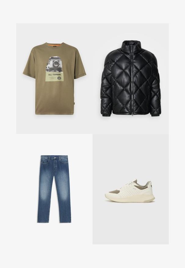 Chaqueta de plumas acolchada negra con cuello alto, cremallera frontal y bolsillos laterales con cremallera, hecha de un material suave y brillante.; Camiseta de algodón verde con mangas cortas, que presenta una impresión gráfica de un vehículo y el texto "TODOTERRENO" en un parche cuadrado.; Vaqueros de denim con un patrón de rayas, color azul medio, secciones deslavadas, corte recto, cinco bolsillos y cierre de botón metálico.; Zapatilla deportiva en blanco y beige claro, con parte superior de malla, detalles perforados y una mediasuela texturizada con la marca en el talón.