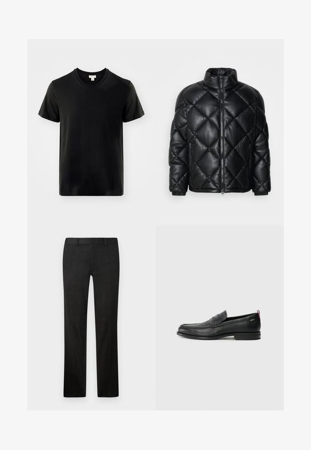 Černá prošívaná péřová bunda s vysokým límcem, předním zipem a kapsami na zip na bocích, vyrobená z hladkého lesklého materiálu.; Černé bavlněné tričko s V-výstřihem, krátkými rukávy a malým, decentním logem na hrudi. Měkká textura a ležérní design.; Černé tailored kalhoty vyrobené z texturované tkaniny, s rovnými nohavicemi, předním zipem a knoflíkovým zapínáním.; Černé kožené mokasíny s texturovaným předním panelem a hladkými stranami. Mají štíhlý podpatek a zadní poutko pro snadné obouvání. Klasický design.