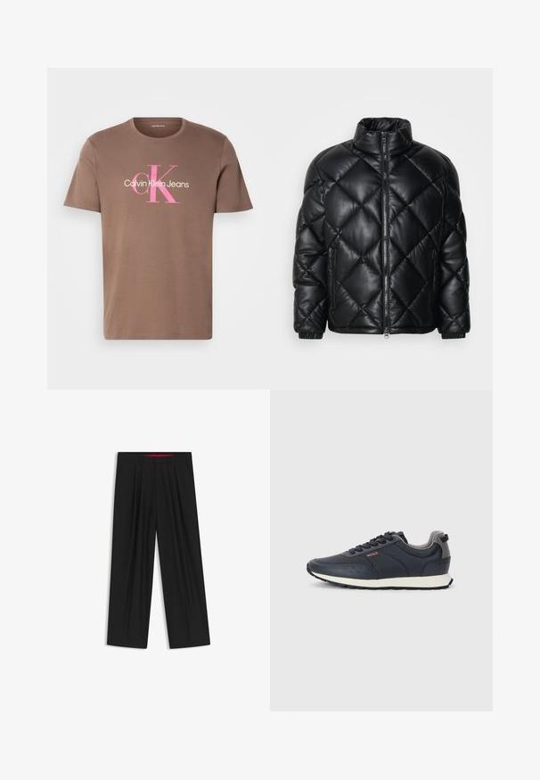 Chaqueta de plumas acolchada negra con cuello alto, cremallera frontal y bolsillos laterales con cremallera, hecha de un material suave y brillante.; Camiseta de algodón marrón con mangas cortas, que presenta un logo gráfico en rosa y blanco "Calvin Klein Jeans" en una fuente destacada en el frontal.; Pantalones de pierna ancha negros con parte delantera plana, dos bolsillos laterales, diseño plisado y una cinturilla interior roja en contraste.; Zapatillas de deporte azul marino con una parte superior sintética suave, punta redondeada, detalles en gris, diseño con cordones y una entresuela blanca con una suela exterior negra texturizada.