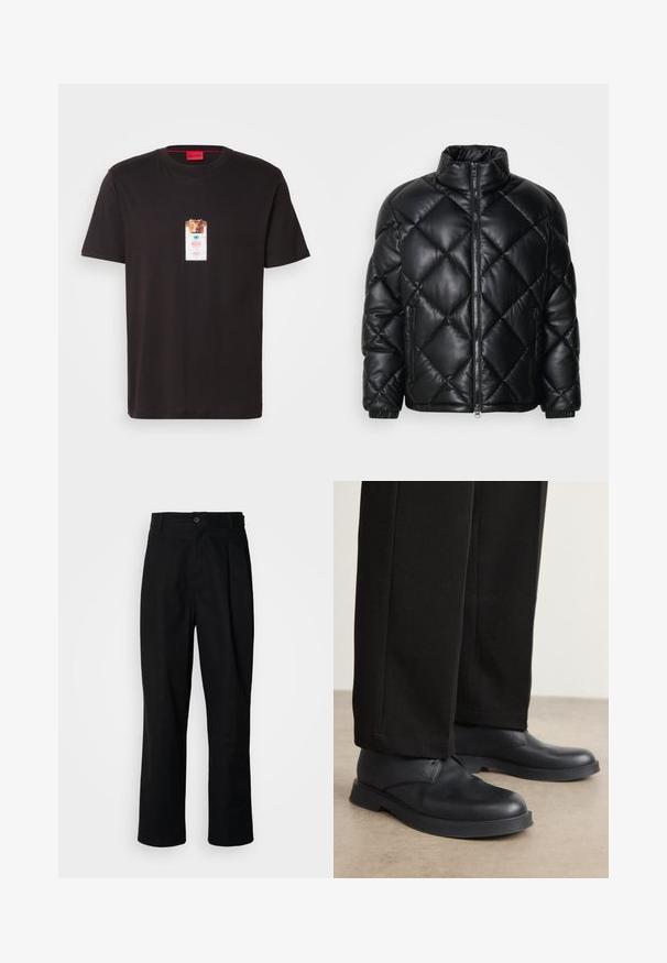 Fekete steppelt pufi dzseki magas gallérral, elülső cipzárral és cipzáras oldalsó zsebekkel, sima, fényes anyagból készült.; Fekete pamut póló, amelyen egy oroszlán grafikája látható egy konzervben. A címkén a "HUGO" márkaneve kék és fehér színben látható.; Fekete egyenes szabású nadrág gombos derékkal, övrutakkal és elülső gyűrődéssel, egy sima fehér háttér előtt.; Fekete bőrcipők lekerekített orral, lapos talppal és minimális díszítéssel. Testre szabott fekete nadrággal párosítva, amely sima textúrával rendelkezik.