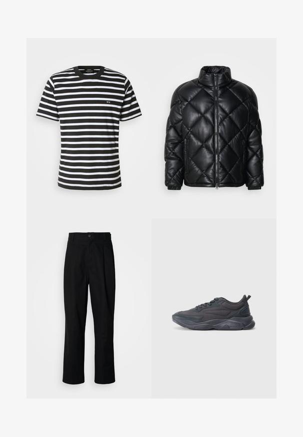 Chaqueta de plumas acolchada negra con cuello alto, cremallera frontal y bolsillos laterales con cremallera, hecha de un material suave y brillante.; Camiseta de rayas blanco y negro con cuello redondo, mangas cortas y un pequeño bordado "MN" en el frente. Confeccionada en suave tela de algodón.; Pantalones rectos negros con cintura con botones, trabillas para cinturón y pliegue frontal, exhibidos sobre un fondo blanco liso.; Zapatillas deportivas negras con parte superior de malla y sintético, con puntera redondeada, suela texturizada y logotipo de marca prominente en el talón.