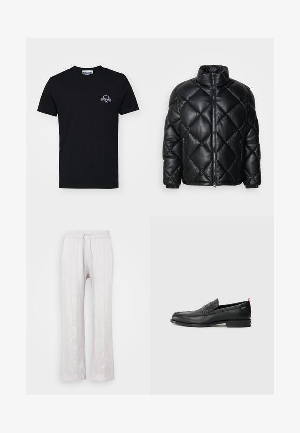 Svart quiltet pufferjakke med høy krage, frontglidelås og glidelåslommer på sidene, laget av glatt, skinnende materiale.; Svart bomull t-skjorte med et lite hvitt grafisk design på brystet. Klassisk rund hals og kortermet, glatt tekstur.; Lys grå, løstsittende bukser i glatt stoff med elastisk midjebånd og snor. Rett ben med subtile folder, ingen synlige mønstre.; Svarte lær loafers med teksturert frontpanel og glatte sider. Har en slank hæl og bakløkke for enkel påkledning. Klassisk design.