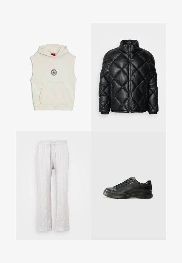 Czarna pikowana kurtka puchowa z wysokim kołnierzem, z przodu na zamek i zamykanymi kieszeniami po bokach, wykonana z gładkiego, błyszczącego materiału.; Bezrękawnik z kapturem w odcieniu białym z bawełny, z centralnym czarnym nadrukiem graficznym. Posiada przednią kieszeń oraz elastyczny pasek w talii. Metka marki na kapture.; Jasnoszare, luźne spodnie w gładkim materiale z elastycznym pasem i sznurkiem do regulacji. Proste nogawki z delikatnymi fałdami, bez widocznych wzorów.; Czarne skórzane sneakersy z teksturowaną cholewką, miękkim kołnierzem i czerwonym logo. Posiadają grubą gumową podeszwę z wyraźnym wzorem bieżnika.
