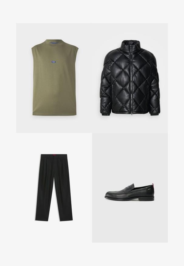 Chaqueta de plumas acolchada negra con cuello alto, cremallera frontal y bolsillos laterales con cremallera, hecha de un material suave y brillante.; Top sin mangas de color verde olivo hecho de tela suave, con un cuello alto y un logo azul de HUGO en el pecho. Textura lisa, diseño minimalista.; Pantalones negros con diseño plisado, forma de pierna ancha y textura suave. Presenta una etiqueta de cintura roja.; Mocasines de cuero negro con un panel frontal texturizado y laterales lisos. Presenta un tacón delgado y un lazo trasero para facilitar su uso. Diseño clásico.