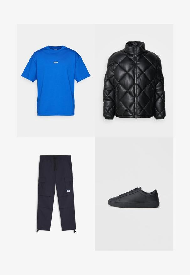 Sort quiltet pufferjakke med høj krave, frontlynlås og lynlåslommer i siden, lavet af glat, blankt materiale.; Blå bomulds t-shirt med rund halsudskæring og korte ærmer. Den har et lille hvidt logo mærke centreret på forsiden. Glat tekstur.; Marine cargo bukser lavet af letvægtsstof, med elastisk talje, snøre, flere lommer og lynlåse ved anklerne.; Sorte sneakers lavet af glat læder med lavtopdesign, rund tå og flad gummisål. Har snøringer og subtil branding.