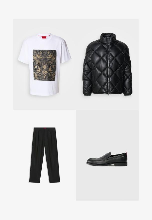 Chaqueta de plumas acolchada negra con cuello alto, cremallera frontal y bolsillos laterales con cremallera, hecha de un material suave y brillante.; Camiseta blanca de algodón con un patrón floral oscuro en forma de cuadrado que presenta toques dorados y motivos de aves. Etiqueta "HUGO" en la parte superior del diseño.; Pantalones negros con diseño plisado, forma de pierna ancha y textura suave. Presenta una etiqueta de cintura roja.; Mocasines de cuero negro con un panel frontal texturizado y laterales lisos. Presenta un tacón delgado y un lazo trasero para facilitar su uso. Diseño clásico.