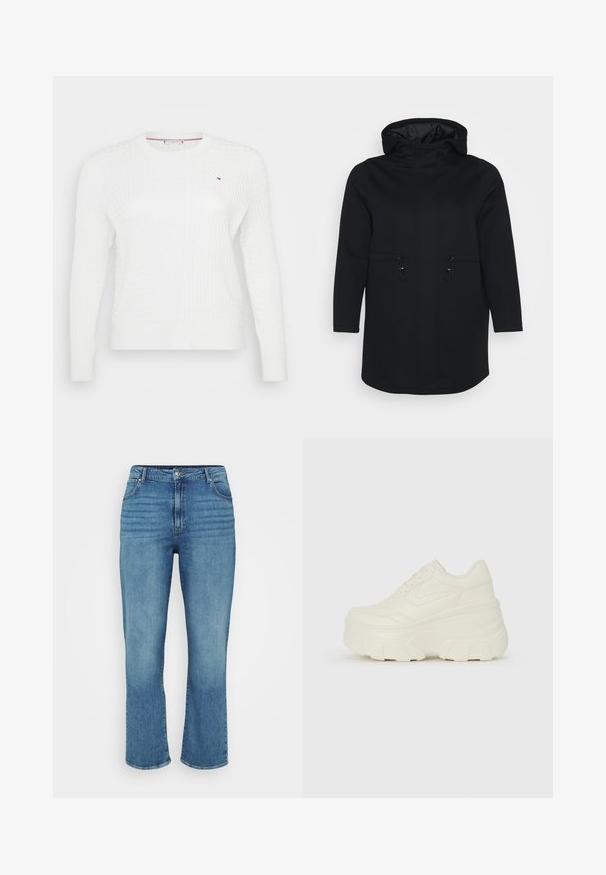 Schwarzer Kapuzenmantel mit langen Ärmeln, zwei vorderen Taschen mit Kordelzugverschlüssen und glattem Innenfutter. Gerader Schnitt.; Weißer gestrickter Pullover mit strukturiertem Diamantmuster, rundem Halsausschnitt und langen Ärmeln. Kleines Logo-Detail auf der Brust.; Helle blaue Denim-Jeans mit geradem Bein, fünf Taschen, Gürtelschlaufen und dezentem Verbleichungseffekt auf der Vorderseite.; Weiße Platform Sneakers mit einem glatten, lederähnlichen Obermaterial, abgerundeter Form, gepolstertem Kragen und strukturierten Gummisohlen mit ausgeprägten Stollen.