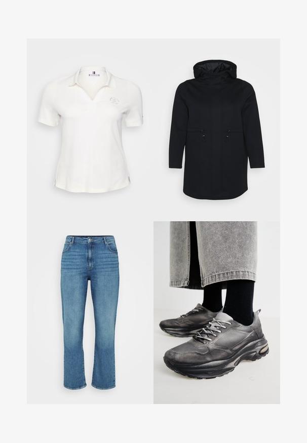 Manteau noir à capuche avec manches longues, deux poches avant avec fermetures à cordon, et une doublure intérieure lisse. Design à coupe droite.; Polo shirt blanc à manches courtes avec un col, présentant une broderie de logo subtile et des fentes latérales pour plus de liberté de mouvement. Texture lisse et matériau léger.; Jean en denim bleu clair avec une coupe droite, comportant cinq poches, des passants de ceinture et un léger délavage sur le devant.; Des chaussures de sport noires et grises présentent un dessus en mesh, des semelles épaisses et des lacets. Elles ont un bout arrondi et des détails de rembourrage visibles.