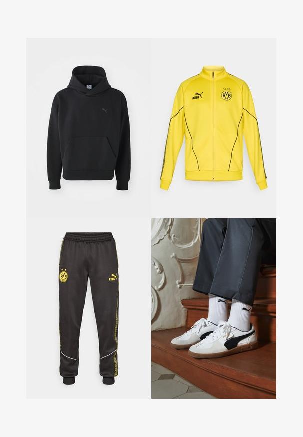 Giacca sportiva gialla con zip intera, logo Puma nero, testo "KING" ed emblema del club di calcio BVB 09 con due stelle sul petto.; Felpa nera con cappuccio realizzata in tessuto morbido, caratterizzata da una tasca frontale e un discreto logo Puma grigio sul petto. Design casual con polsini a coste.; Pantaloni sportivi neri con loghi gialli di Borussia Dortmund BVB 09 e Puma King, vita elasticizzata e righe laterali gialle con motivo.; Sneakers Puma in suede bianco e nero, con suola in gomma marrone. Abbinati a calzini bianchi con logo nero, indossati con pantaloni scuri.
