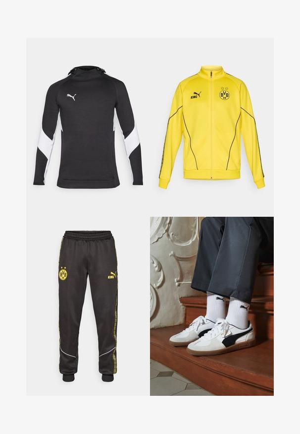 Gelbe Sportjacke mit vollem Reißverschluss, schwarzem Puma-Logo, dem Text "KING" und dem Wappen des Fußballvereins BVB 09 mit zwei Sternen auf der Brust.; Schwarzer sportlicher Hoodie mit hohem Kragen, weißen Akzenten an den Ärmeln und einem kleinen silbernen Logo. Weicher Stoff, figurschnittige Passform.; Schwarze Sporthose mit gelben Borussia Dortmund BVB 09- und Puma King-Logos, elastischem Bund und gemusterten gelben Seiteneinsätzen.; Puma-Sneaker aus weißem und schwarzem Wildleder mit einer braunen Gummisohle. Kombiniert mit weißen Socken, die ein schwarzes Logo zeigen, getragen zu dunklen Hosen.