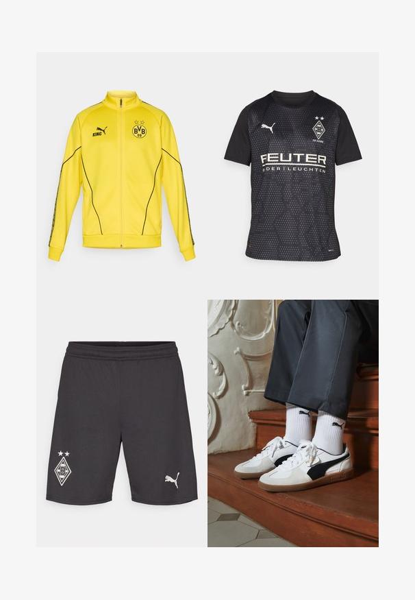 Chaqueta deportiva amarilla con cremallera completa, logo negro de Puma, texto "KING" y emblema del club de fútbol BVB 09 con dos estrellas en el pecho.; Camiseta deportiva negra de manga corta, con un patrón hexagonal, logo de Puma y texto de patrocinador en blanco. Incluye el emblema del club y dos estrellas.; Pantalones cortos deportivos negros con cintura elástica. Presenta un logo del club blanco con dos estrellas y un pequeño logo de Puma blanco en el dobladillo.; Zapatillas Puma en gamuza blanca y negra, con una suela de goma marrón. Combinadas con calcetines blancos que muestran un logo negro, llevados con pantalones oscuros.