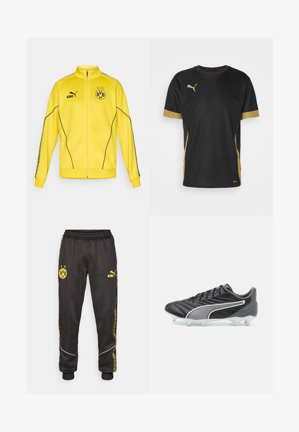 Giacca sportiva gialla con zip intera, logo Puma nero, testo "KING" ed emblema del club di calcio BVB 09 con due stelle sul petto.; T-shirt sportivo nero con dettagli dorati sulle maniche e sui fianchi. Presenta un colletto rotondo, maniche corte e tessuto traspirante DRYCELL.; Pantaloni sportivi neri con loghi gialli di Borussia Dortmund BVB 09 e Puma King, vita elasticizzata e righe laterali gialle con motivo.; Scarpa da calcio nera con tomaia in pelle liscia, accenti bianchi e dettagli testurizzati. Presenta un profilo basso e tacchetti trasparenti per la trazione.