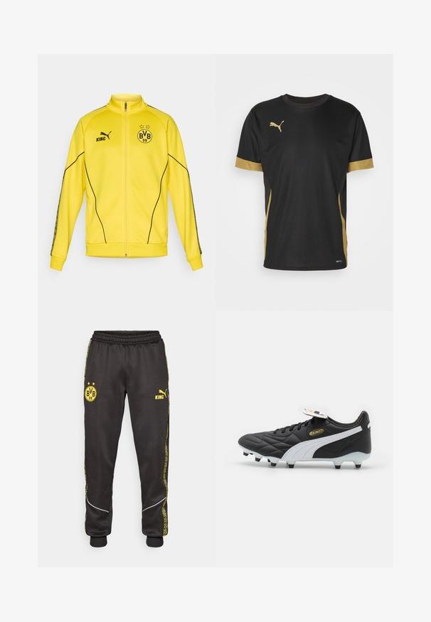 Giacca sportiva gialla con zip intera, logo Puma nero, testo "KING" ed emblema del club di calcio BVB 09 con due stelle sul petto.; T-shirt sportivo nero con dettagli dorati sulle maniche e sui fianchi. Presenta un colletto rotondo, maniche corte e tessuto traspirante DRYCELL.; Pantaloni sportivi neri con loghi gialli di Borussia Dortmund BVB 09 e Puma King, vita elasticizzata e righe laterali gialle con motivo.; Scarpa da calcio nera con tomaia sintetica trapuntata, striscia bianca di accento, logo dorato e suola con motivo. Presenta tacchetti modellati per una migliore aderenza.