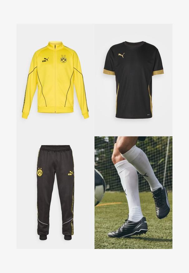 Chaqueta deportiva amarilla con cremallera completa, logo negro de Puma, texto "KING" y emblema del club de fútbol BVB 09 con dos estrellas en el pecho.; Camiseta deportiva negra con acentos dorados en las mangas y los laterales. Presenta un cuello redondo, mangas cortas y tejido DRYCELL que absorbe la humedad.; Pantalones deportivos negros con los logotipos amarillos de Borussia Dortmund BVB 09 y Puma King, banda elástica en la cintura y rayas laterales amarillas con un diseño.; Botas de fútbol negras con cuero texturizado, tacones blancos y cordones; combinadas con medias blancas hasta la rodilla con acentos en negro.