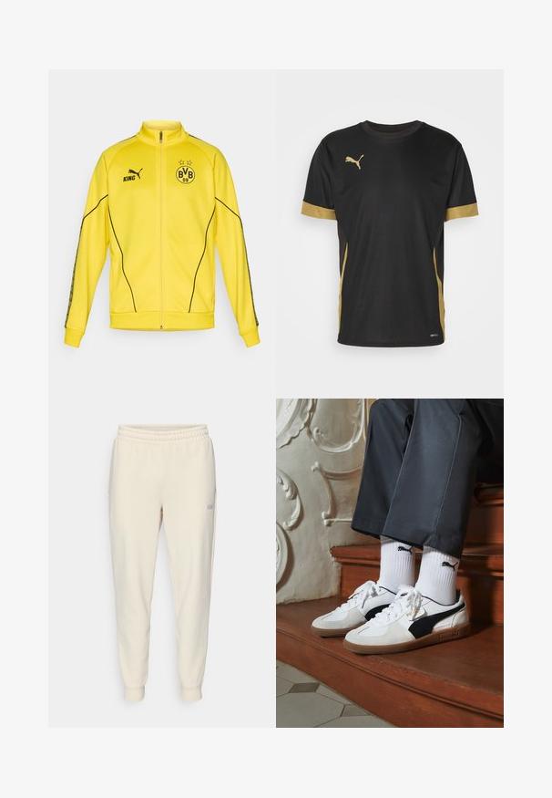 Dzeltena sporta jaka ar pilnu rāvējslēdzēju, melno Puma logotipu, tekstu "KING" un BVB 09 futbola kluba emblēmu ar divām zvaigznēm uz krūtīm.; Melna sporta T-kreklu ar zelta akcentiem uz piedurknēm un sāniem. Tam ir apaļa apkakle, īsas piedurknes un mitruma kontrolējošs DRYCELL audums.; Gai beigā krāsā auduma bikses ar šņorēm, ar elastīgu jostasvietu, piegrieztiem potīšu galiem, sānu kabatām un mazu logotipu uz kreisā augšstilba.; Puma kedas baltā un melnā zamšā, ar brūnu gumijas zoli. Pāris ar baltām zeķēm, kurās redzams melns logo, nēsātas ar tumšām biksēm.