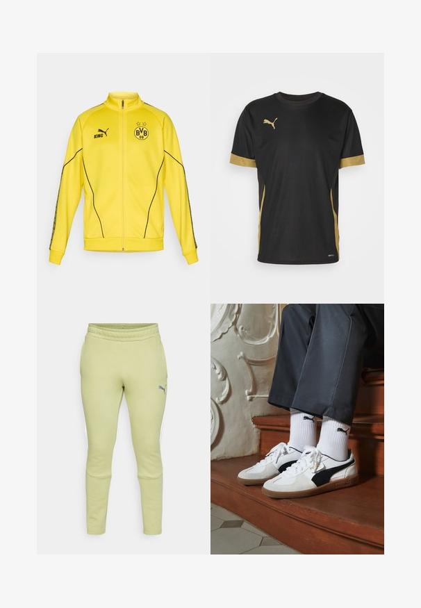 Geel sportjack met volledige rits, voorzien van het zwarte Puma-logo, de tekst "KING" en het embleem van voetbalclub BVB 09 met twee sterren op de borst.; Zwarte sport T-shirt met gouden accenten op de mouwen en zijkanten. Voorzien van een ronde hals, korte mouwen en vochtregulerende DRYCELL-stof.; Lichtgroene sweatpants met een tapered fit, elastische tailleband, zijzakken en een klein grijs Puma-logo op de linkerdij.; Puma sneakers in wit en zwart suède, met een bruine rubberen zool. Gecombineerd met witte sokken met een zwart logo, gedragen met donkere broek.