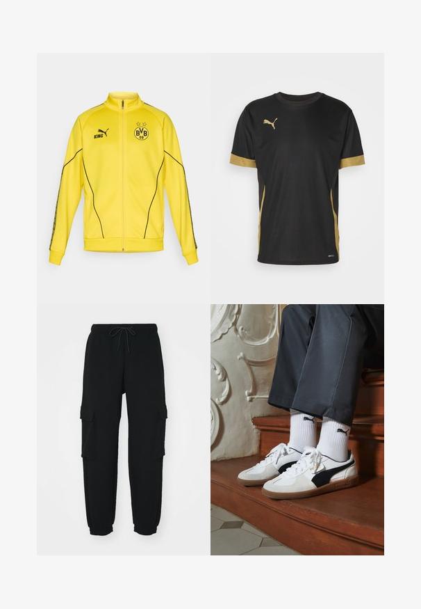 Geel sportjack met volledige rits, voorzien van het zwarte Puma-logo, de tekst "KING" en het embleem van voetbalclub BVB 09 met twee sterren op de borst.; Zwarte sport T-shirt met gouden accenten op de mouwen en zijkanten. Voorzien van een ronde hals, korte mouwen en vochtregulerende DRYCELL-stof.; Zwarte sweatpants van zacht stof, met twee zij cargo zakken, een elastische tailleband met een trekkoord, en taps toelopende manchetten.; Puma sneakers in wit en zwart suède, met een bruine rubberen zool. Gecombineerd met witte sokken met een zwart logo, gedragen met donkere broek.