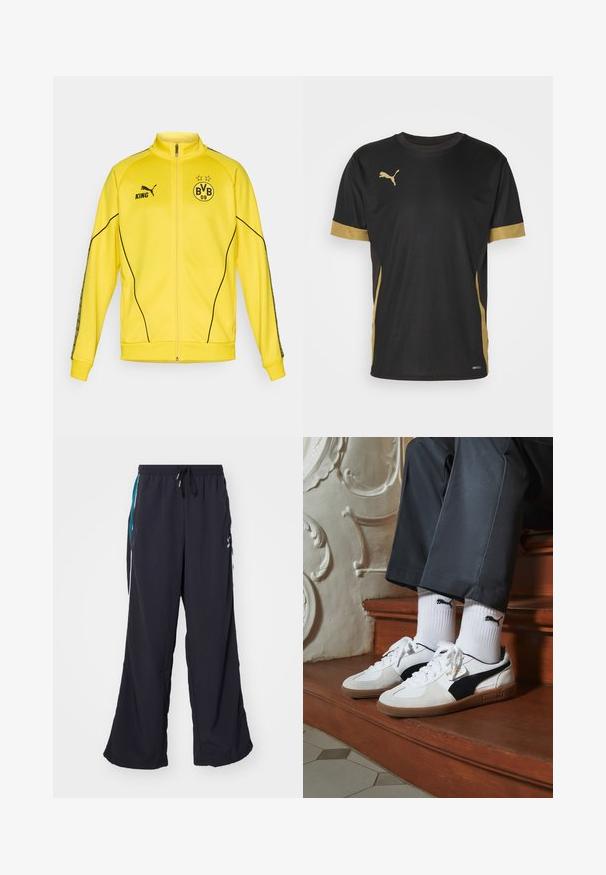 Gul helzip sportjacka med svart Puma-logotyp, texten "KING" och BVB 09 fotbollsklubbens emblem med två stjärnor på bröstet.; Svart tränings T-shirt med guld accenter på ärmar och sida. Har rund hals, korta ärmar och fukttransporternande DRYCELL tyg.; Puma PLAY PARIS TRACK PANTS - Träningsbyxor - black; Puma-sneakers i vit och svart mocka, med en brun gummisula. Kombinerade med vita strumpor som visar upp en svart logotyp, bärs tillsammans med mörka byxor.