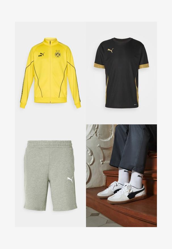 Żółta sportowa kurtka z pełnym zamkiem błyskawicznym z czarnym logo Pumy, napisem "KING" oraz emblematem klubu piłkarskiego BVB 09 z dwiema gwiazdami na piersi.; Czarny sportowy T-shirt z złotymi akcentami na rękawach i boku. Posiada okrągły dekolt, krótkie rękawy oraz materiał odprowadzający wilgoć DRYCELL.; Jasnozielone spodenki sportowe wykonane z miękkiej mieszanki bawełny. Posiadają elastyczny pas oraz biały logo Puma z lewej strony.; Sneakers Puma w białym i czarnym zamszu, z brązową gumową podeszwą. W połączeniu z białymi skarpetkami z czarnym logo, noszone z ciemnymi spodniami.