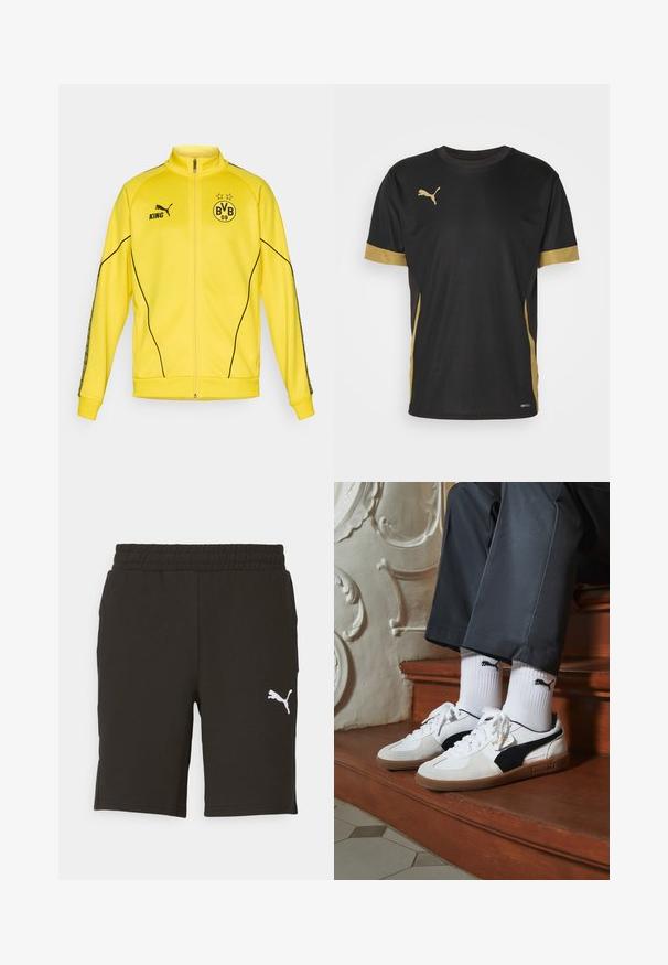 Chaqueta deportiva amarilla con cremallera completa, logo negro de Puma, texto "KING" y emblema del club de fútbol BVB 09 con dos estrellas en el pecho.; Camiseta deportiva negra con acentos dorados en las mangas y los laterales. Presenta un cuello redondo, mangas cortas y tejido DRYCELL que absorbe la humedad.; Shorts negros de tela suave, con una cintura elástica y un logo blanco de Puma en el lado inferior. Diseño clásico con corte recto.; Zapatillas Puma en gamuza blanca y negra, con una suela de goma marrón. Combinadas con calcetines blancos que muestran un logo negro, llevados con pantalones oscuros.