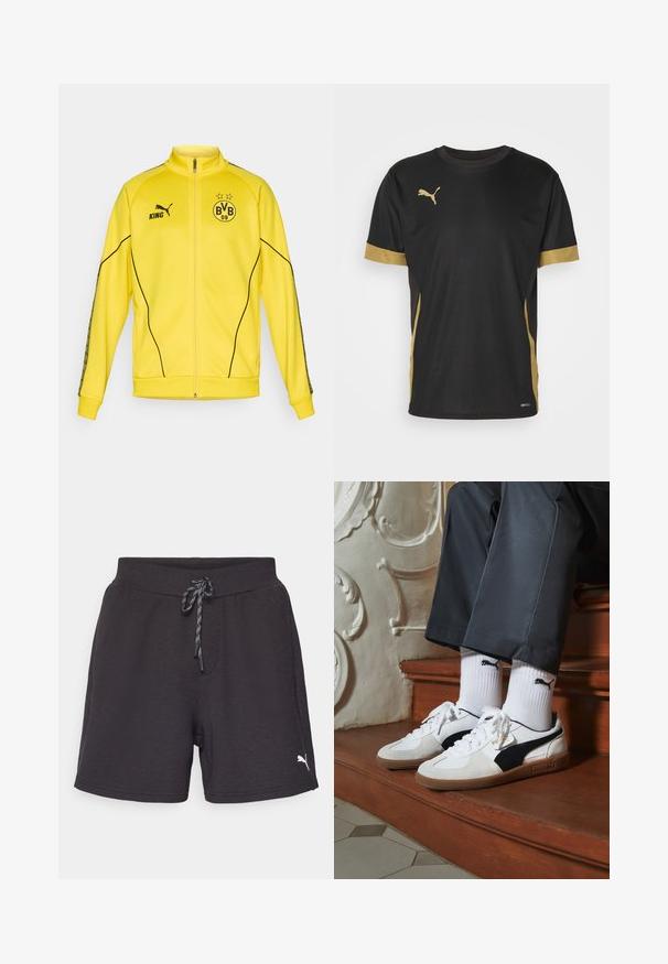 Keltaisen täysipituisen vetoketjullisen urheiluviitan mustalla Puma-logolla, "KING"-tekstillä ja BVB 09 -jalkapalloseuran embleemillä, jossa on kaksi tähteä rinnassa.; Musta urheilupaita, jossa on kultaiset yksityiskohdat hihoissa ja sivuilla. Omistaa pyöreän kauluksen, lyhyet hihat ja kosteuskuivaavaa DRYCELL-kangasta.; Mustat urheilushortsit, joissa on joustava vyötärönauha ja säädettävä nyöri. Alareunassa vasemmalla puolella on pieni valkoinen logo. Pehmeä kangas.; Puma-tenniset valkoisesta ja mustasta mokasta, joissa on ruskea kumipohja. Yhdistetty valkoisten sukkien kanssa, joissa on musta logo, tummien housujen kanssa.