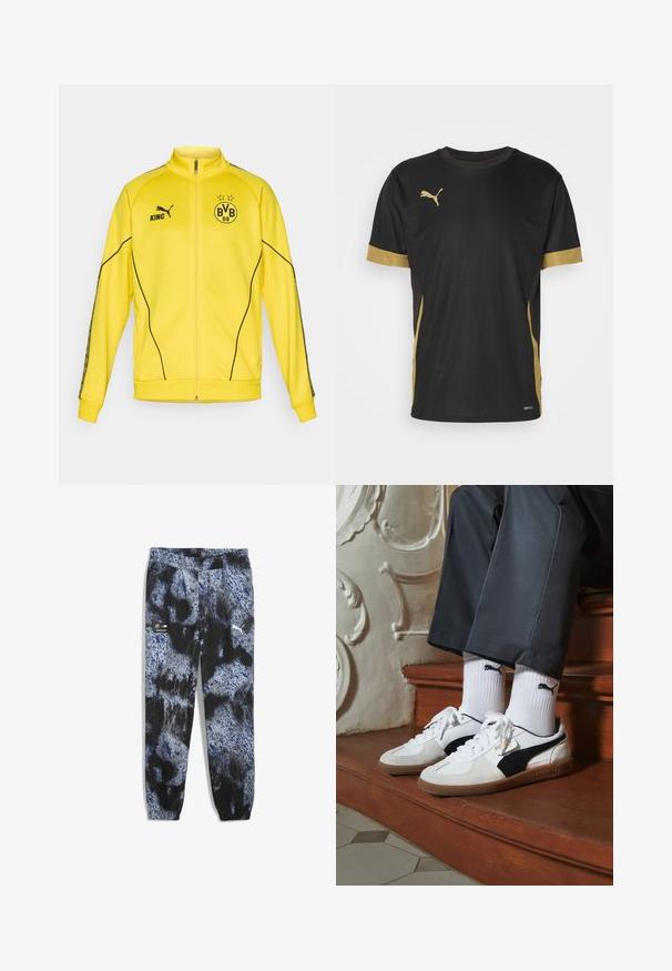 Gul fuld-zip sportsjakke med sort Puma-logo, "KING" tekst og BVB 09 fodboldklub emblem med to stjerner på brystet.; Sort sports T-shirt med gyldne detaljer på ærmerne og siden. Den har rund hals, korte ærmer og svedtransporterende DRYCELL-stof.; Bukser lavet af blødt stof med et blåt, sort og gråt abstrakt mønster, elastisk talje og manchetter ved anklerne. Inkluderer Puma- og BMW-logoer.; Puma sneakers i hvid og sort ruskind med en brun gummisål. Bæres med hvide sokker med et sort logo og mørke bukser.