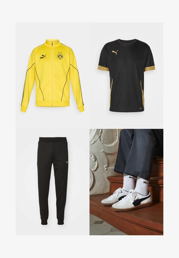 Casaco desportivo amarelo, com fecho total e logo da Puma em preto, texto "KING" e emblema do clube de futebol BVB 09 com duas estrelas no peito.; Camisola desportiva preta com detalhes dourados nas mangas e nas laterais. Apresenta uma gola redonda, mangas curtas e tecido DRYCELL que remove a humidade.; Calças desportivas pretas com um corte ajustado, cintura elástica, bolsos laterais e riscas brancas de lado. Apresentam um pequeno logotipo na coxa esquerda.; Ténis Puma em camurça branca e preta, com uma sola de borracha castanha. Combinados com meias brancas exibindo um logótipo preto, usados com calças escuras.