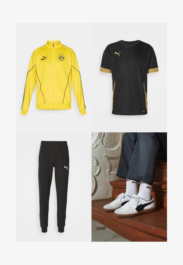 Giacca sportiva gialla con zip intera, logo Puma nero, testo "KING" ed emblema del club di calcio BVB 09 con due stelle sul petto.; T-shirt sportivo nero con dettagli dorati sulle maniche e sui fianchi. Presenta un colletto rotondo, maniche corte e tessuto traspirante DRYCELL.; Pantaloni sportivi neri con vita elasticizzata, gamba aderente e logo Puma bianco sulla coscia sinistra. Realizzati in tessuto morbido con una texture liscia.; Sneakers Puma in suede bianco e nero, con suola in gomma marrone. Abbinati a calzini bianchi con logo nero, indossati con pantaloni scuri.