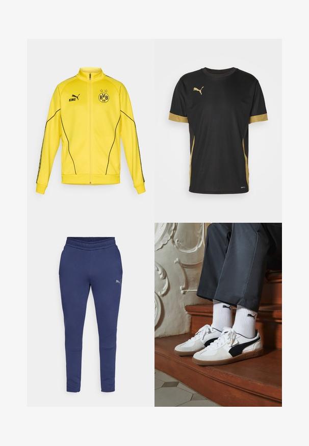 Žuta sportska jakna s punim zipom, s crnim Puma logotipom, tekstom "KING" i emblemom nogometnog kluba BVB 09 s dvije zvijezde na prsima.; Crna atletska majica s zlatnim naglascima na rukavima i sa strane. Ima okrugli izrez, kratke rukave i tkaninu koja upija vlagu DRYCELL.; Tamnoplave joggerice od mekanog materijala s uskim dizajnom, elastičnim pojasom i diskretnim logotipom s lijeve strane.; Puma tenisice u bijelom i crnom nubuku, s smešnim gumastim potplatom. Uparene su s bijelim čarapama s crnim logom, nosene uz tamne hlače.