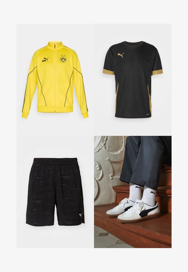 Kollane täispikkade tõmblukkudega spordijakk musta Puma logoga, "KING" tekst ja BVB 09 jalgpalliklubi embleem kahe tähega rinnal.; Musthave musternig musternig ja musternig musternig D mga t-t-s-is t-t-s-is T. Kolla musternig on kõrv ja musternig on jõud. Musternig, musternig on üles ja musternig on laht.; Mustad mustriga mustad sportlikud lühikesed püksid elastse vöökohaga ja väikese valge logoga alumises paremas nurgas. Kerge kangas.; Puma tossud valgest ja mustast südamikust, millel on pruun kummi tall. Kombineeritud valgete sokkidega, millel on must logo, kantud tumedate pükstega.