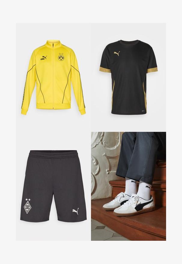Dzeltena sporta jaka ar pilnu rāvējslēdzēju, melno Puma logotipu, tekstu "KING" un BVB 09 futbola kluba emblēmu ar divām zvaigznēm uz krūtīm.; Melna sporta T-kreklu ar zelta akcentiem uz piedurknēm un sāniem. Tam ir apaļa apkakle, īsas piedurknes un mitruma kontrolējošs DRYCELL audums.; Melni sporta šorti ar elastīgu jostu. Uz tiem ir balts kluba logs ar divām zvaigznēm un neliels balts Puma logs uz apakšmalas.; Puma kedas baltā un melnā zamšā, ar brūnu gumijas zoli. Pāris ar baltām zeķēm, kurās redzams melns logo, nēsātas ar tumšām biksēm.