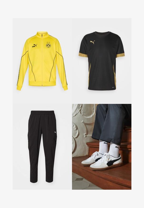 Geel sportjack met volledige rits, voorzien van het zwarte Puma-logo, de tekst "KING" en het embleem van voetbalclub BVB 09 met twee sterren op de borst.; Zwarte sport T-shirt met gouden accenten op de mouwen en zijkanten. Voorzien van een ronde hals, korte mouwen en vochtregulerende DRYCELL-stof.; Zwarte cargobroek met een elastische tailleband, voorzien van zijzakken en gemaakt van een slanke, lichte stof. Geschikt voor casual of actieve kleding.; Puma sneakers in wit en zwart suède, met een bruine rubberen zool. Gecombineerd met witte sokken met een zwart logo, gedragen met donkere broek.