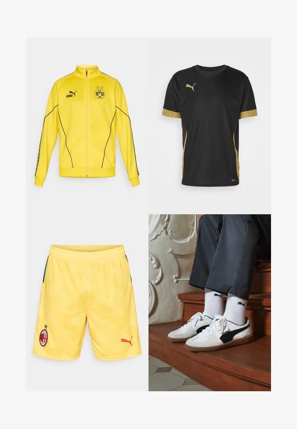 Gul full-zip sportjakke med svart Puma-logo, "KING" tekst og BVB 09 fotballklubbemblem med to stjerner på brystet.; Svart treningst-skjorte med gulldetaljer på ermene og siden. Har rund hals, korte ermer og fukttransporterende DRYCELL-stoff.; Gule idrettsshorts med et teksturert mønster, som har en rød Puma-logo og AC Milan-emblemet med en stjernedetalj på venstre ben.; Puma-sneakers i hvitt og svart semsket skinn, med en brun gummisåle. Kombinert med hvite sokker med en svart logo, båret med mørke bukser.