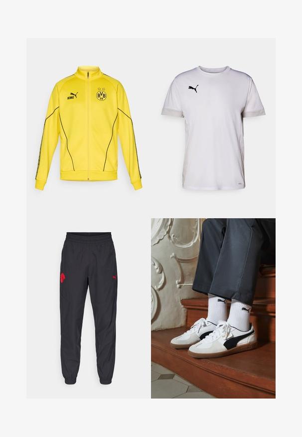 Yellow full-zip sports jacket with black Puma logo, "KING" text, and BVB 09 football club emblem with two stars on chest.; White short-sleeve athletic shirt with a round neckline, featuring breathable mesh accents on the sides and a black Puma logo on the chest.; Black athletic pants with an elastic waistband, fitted cuffs, and red logo accents. Features lightweight, smooth fabric and tapered design.; Puma sneakers in white and black suede, featuring a brown rubber sole. Paired with white socks displaying a black logo, worn with dark pants.