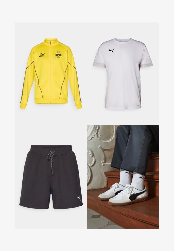 Žlutá sportovní bunda na zip s černým logem Puma, nápisem "KING" a emblémem fotbalového klubu BVB 09 se dvěma hvězdami na prsou.; Bílé atletické tričko s krátkým rukávem a kulatým výstřihem, disponující prodyšnými síťovanými detaily po stranách a černým logem Puma na hrudi.; Černé sportovní šortky s elastickým pasem a nastavitelnou šňůrkou. Na dolní levé straně se nachází malé bílé logo. Měkká textilie.; Puma tenisky v bílé a černé semišové úpravě, s hnědou gumovou podrážkou. Kombinované s bílými ponožkami, na kterých je černé logo, nošeny s tmavými kalhotami.