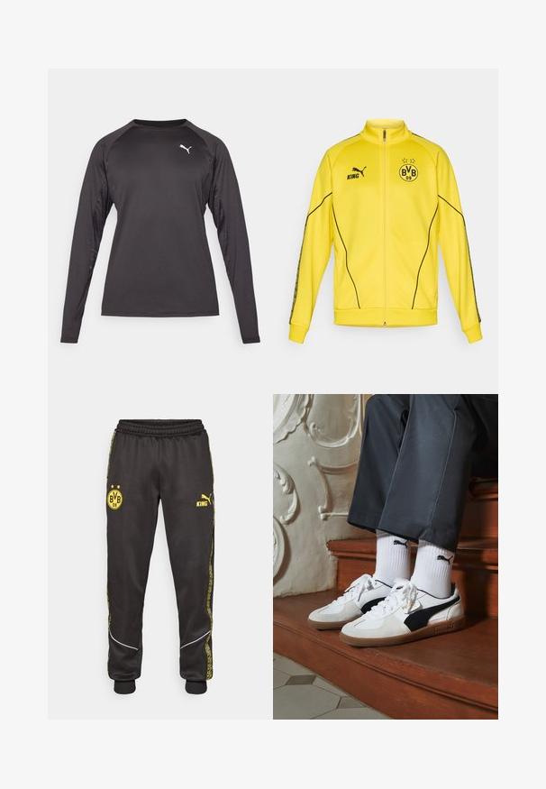 Gelbe Sportjacke mit vollem Reißverschluss, schwarzem Puma-Logo, dem Text "KING" und dem Wappen des Fußballvereins BVB 09 mit zwei Sternen auf der Brust.; Langärmliges Sporthemd in Schwarz, mit einem glatten Stoff, kontrastierenden gemusterten Seiteneinsätzen und einem kleinen weißen Logo auf der Brust.; Schwarze Sporthose mit gelben Borussia Dortmund BVB 09- und Puma King-Logos, elastischem Bund und gemusterten gelben Seiteneinsätzen.; Puma-Sneaker aus weißem und schwarzem Wildleder mit einer braunen Gummisohle. Kombiniert mit weißen Socken, die ein schwarzes Logo zeigen, getragen zu dunklen Hosen.