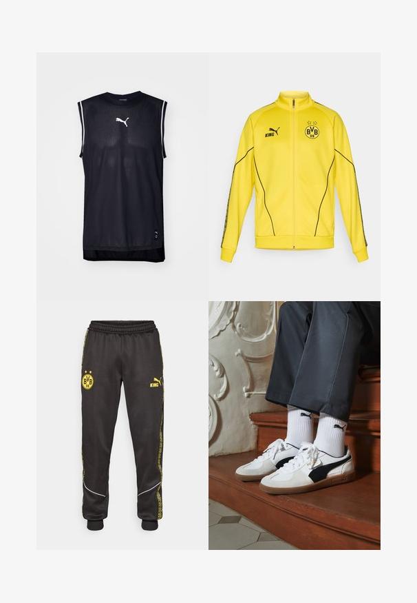 Keltaisen täysipituisen vetoketjullisen urheiluviitan mustalla Puma-logolla, "KING"-tekstillä ja BVB 09 -jalkapalloseuran embleemillä, jossa on kaksi tähteä rinnassa.; Mustat hihattomat urheilupaidat, joissa on verkkokudos, ja joissa on valkoinen Puma-logo sekä korostetut raidat hartioilla.; Mustat urheiluhousut, joissa on keltaiset Borussia Dortmund BVB 09 - ja Puma King -logot, joustava vyötärö ja kuvioidut keltaiset sivuraidat.; Puma-tenniset valkoisesta ja mustasta mokasta, joissa on ruskea kumipohja. Yhdistetty valkoisten sukkien kanssa, joissa on musta logo, tummien housujen kanssa.