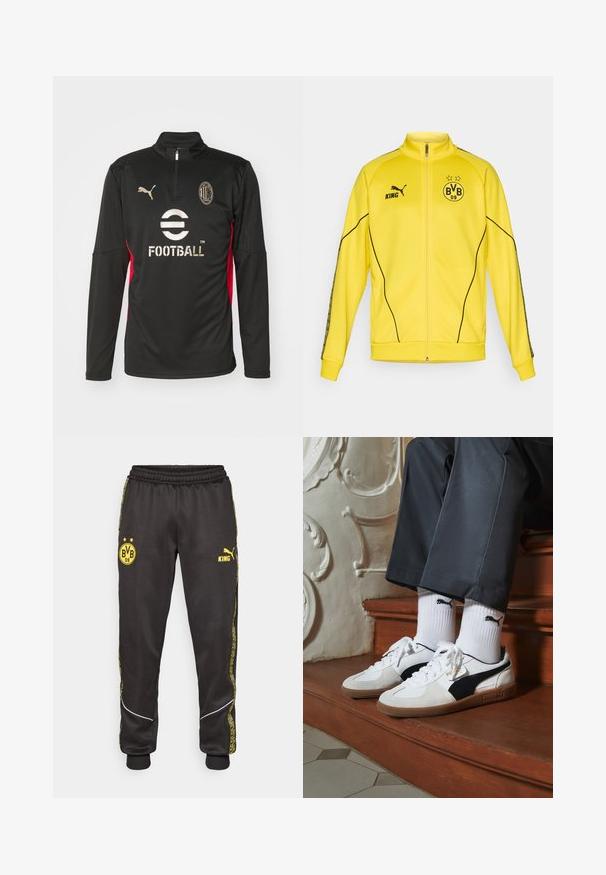 Geel sportjack met volledige rits, voorzien van het zwarte Puma-logo, de tekst "KING" en het embleem van voetbalclub BVB 09 met twee sterren op de borst.; Puma AC MILAN TRAINING 1/4 ZIP - Fanartikel - black/for all time red; Zwarte sportbroeken met gele logos van Borussia Dortmund BVB 09 en Puma King, een elastische tailleband en gestreepte gele zijpanelen.; Puma sneakers in wit en zwart suède, met een bruine rubberen zool. Gecombineerd met witte sokken met een zwart logo, gedragen met donkere broek.