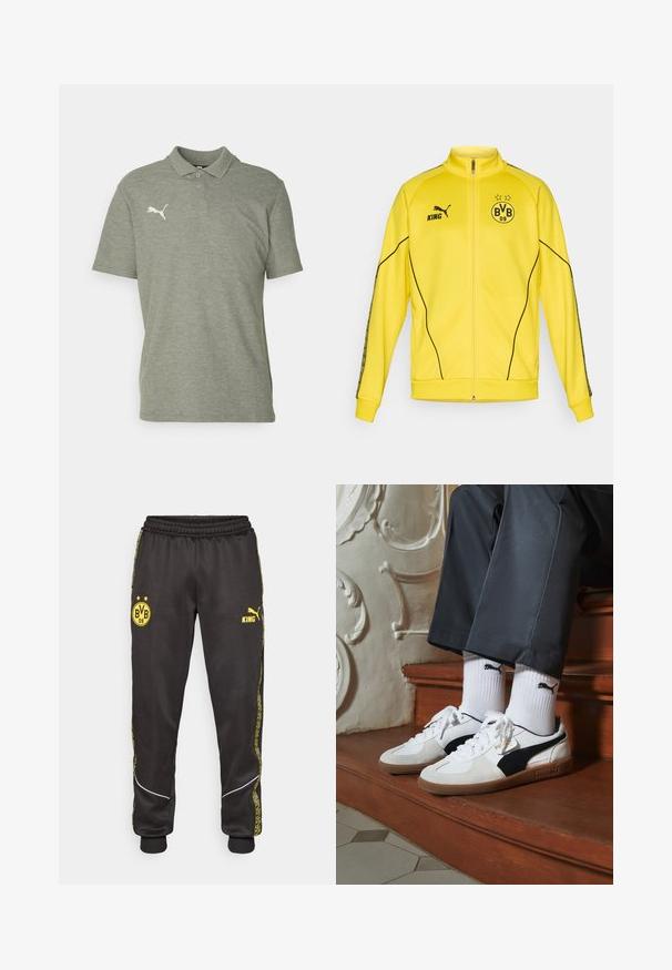 Gul helzip sportjacka med svart Puma-logotyp, texten "KING" och BVB 09 fotbollsklubbens emblem med två stjärnor på bröstet.; Grå polo skjorta i mjukt, texturerat tyg med klassisk krage och korta ärmar. Broderad vit logotyp på vänster bröst.; Svarta träningsbyxor med gula Borussia Dortmund BVB 09 och Puma King-logotyper, elastisk midja och mönstrade gula sidosträck.; Puma-sneakers i vit och svart mocka, med en brun gummisula. Kombinerade med vita strumpor som visar upp en svart logotyp, bärs tillsammans med mörka byxor.