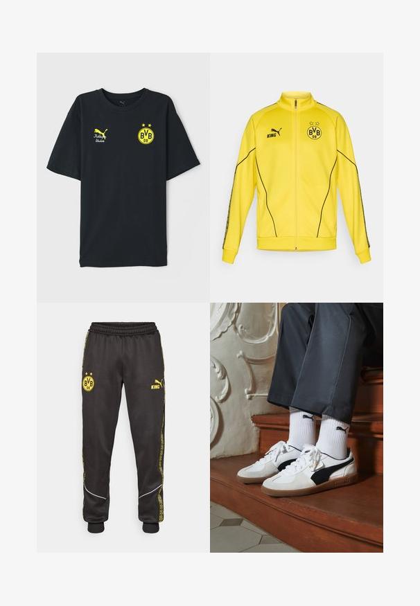Chaqueta deportiva amarilla con cremallera completa, logo negro de Puma, texto "KING" y emblema del club de fútbol BVB 09 con dos estrellas en el pecho.; Camiseta de algodón negra con gráficos amarillos. Presenta el logo de Puma, el texto "KidSuper Studios" y un emblema "BVB 09" con dos estrellas. Mangas cortas.; Pantalones deportivos negros con los logotipos amarillos de Borussia Dortmund BVB 09 y Puma King, banda elástica en la cintura y rayas laterales amarillas con un diseño.; Zapatillas Puma en gamuza blanca y negra, con una suela de goma marrón. Combinadas con calcetines blancos que muestran un logo negro, llevados con pantalones oscuros.