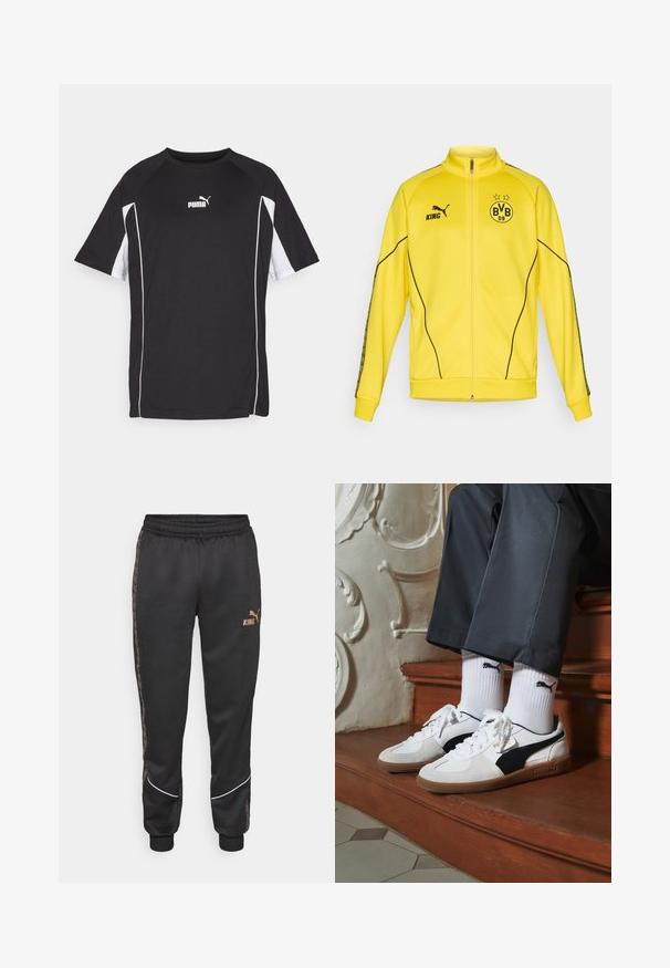 Gul helzip sportjacka med svart Puma-logotyp, texten "KING" och BVB 09 fotbollsklubbens emblem med två stjärnor på bröstet.; Svart atletisk T-shirt med korta ärmar, med vita detaljer och en logotyp. Tillverkad av lätt och ventilerande material.; Svarta sweatpants med elastiskt midjeband, prydda med guldtexten "KING", en PUMA-logotyp, sidostreck och vita detaljer vid muddarna.; Puma-sneakers i vit och svart mocka, med en brun gummisula. Kombinerade med vita strumpor som visar upp en svart logotyp, bärs tillsammans med mörka byxor.