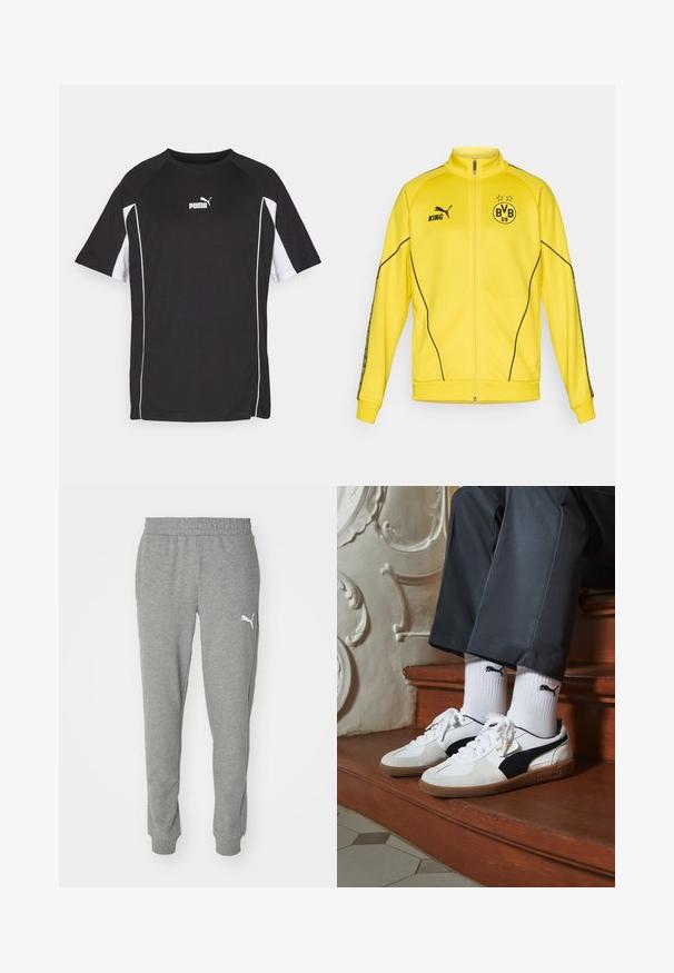 Geel sportjack met volledige rits, voorzien van het zwarte Puma-logo, de tekst "KING" en het embleem van voetbalclub BVB 09 met twee sterren op de borst.; Zwart sport t-shirt met korte mouwen, voorzien van witte accenten en een logo. Gemaakt van lichtgewicht, ademend materiaal.; Grijze trainingsbroek van zacht materiaal, met een elastische tailleband, taps toelopende pijpen en een wit logo op de linker dij.; Puma sneakers in wit en zwart suède, met een bruine rubberen zool. Gecombineerd met witte sokken met een zwart logo, gedragen met donkere broek.
