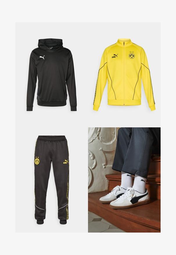 Giacca sportiva gialla con zip intera, logo Puma nero, testo "KING" ed emblema del club di calcio BVB 09 con due stelle sul petto.; Felpa con cappuccio nera realizzata in tessuto morbido, dotata di maniche lunghe, tasca a marsupio e un logo bianco sul petto.; Pantaloni sportivi neri con loghi gialli di Borussia Dortmund BVB 09 e Puma King, vita elasticizzata e righe laterali gialle con motivo.; Sneakers Puma in suede bianco e nero, con suola in gomma marrone. Abbinati a calzini bianchi con logo nero, indossati con pantaloni scuri.