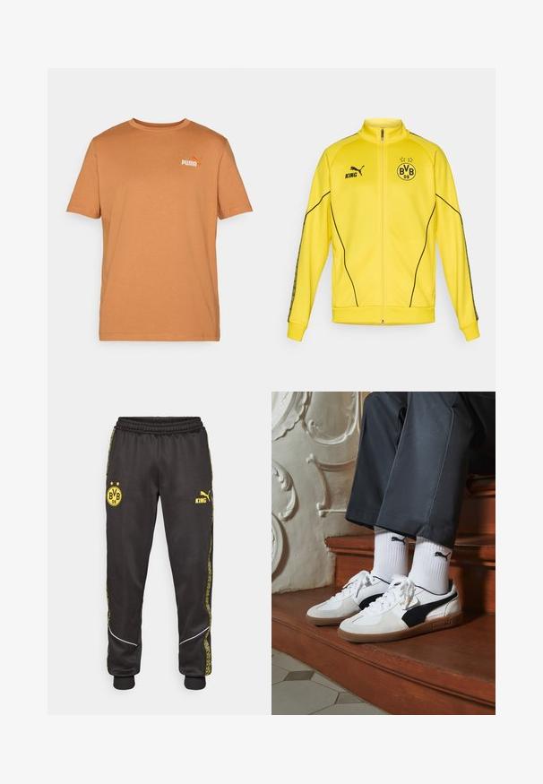 Gul helzip sportjacka med svart Puma-logotyp, texten "KING" och BVB 09 fotbollsklubbens emblem med två stjärnor på bröstet.; Kortärmad rundhalsad T-shirt i en varm brun nyans, tillverkad av mjuk bomull; har en liten orange Puma-logotyp på övre vänstra sidan.; Svarta träningsbyxor med gula Borussia Dortmund BVB 09 och Puma King-logotyper, elastisk midja och mönstrade gula sidosträck.; Puma-sneakers i vit och svart mocka, med en brun gummisula. Kombinerade med vita strumpor som visar upp en svart logotyp, bärs tillsammans med mörka byxor.