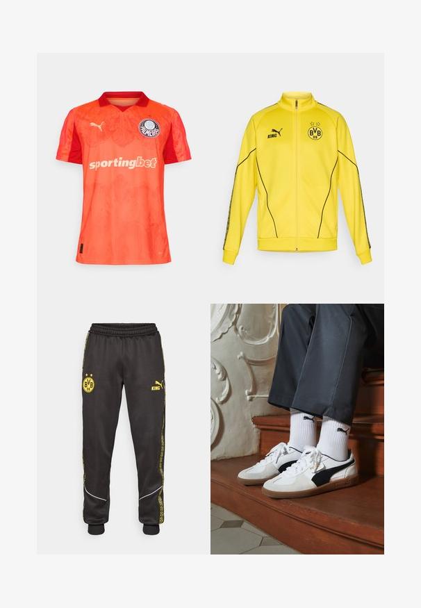 Gul helzip sportjacka med svart Puma-logotyp, texten "KING" och BVB 09 fotbollsklubbens emblem med två stjärnor på bröstet.; Orange sportströja med gradientdesign, korta ärmar, krage och en logotypapplikation. Tillverkad av andningsbart material för komfort.; Svarta träningsbyxor med gula Borussia Dortmund BVB 09 och Puma King-logotyper, elastisk midja och mönstrade gula sidosträck.; Puma-sneakers i vit och svart mocka, med en brun gummisula. Kombinerade med vita strumpor som visar upp en svart logotyp, bärs tillsammans med mörka byxor.