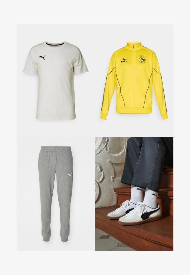 Gul fuld-zip sportsjakke med sort Puma-logo, "KING" tekst og BVB 09 fodboldklub emblem med to stjerner på brystet.; Hvid bomulds T-shirt med rund hals, med et lille sort Puma-logo på venstre bryst og sorte detaljer på den indre halsudskæring.; Grå sweatpants lavet af blød stof, med elastisk talje, tapered ben og et hvidt logo på venstre lår.; Puma sneakers i hvid og sort ruskind med en brun gummisål. Bæres med hvide sokker med et sort logo og mørke bukser.