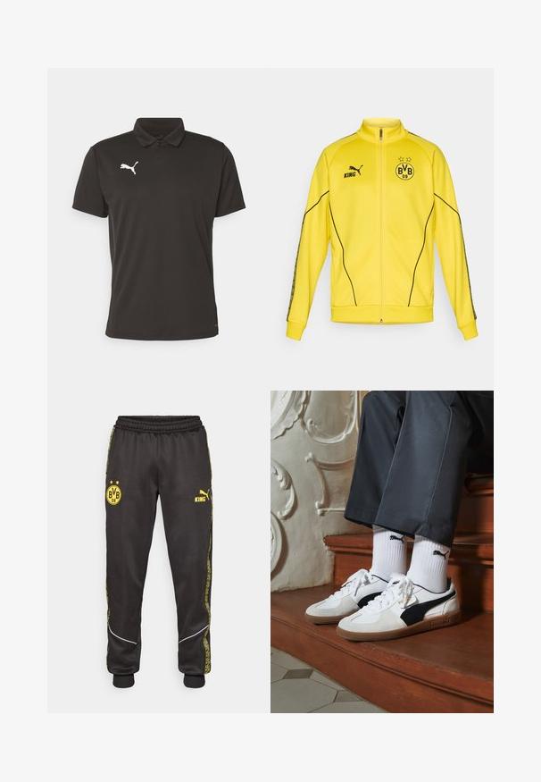 Geel sportjack met volledige rits, voorzien van het zwarte Puma-logo, de tekst "KING" en het embleem van voetbalclub BVB 09 met twee sterren op de borst.; Zwarte polo shirt gemaakt van soepel materiaal, met een kraag, korte mouwen en een wit Puma-logo aan de linkerkant.; Zwarte sportbroeken met gele logos van Borussia Dortmund BVB 09 en Puma King, een elastische tailleband en gestreepte gele zijpanelen.; Puma sneakers in wit en zwart suède, met een bruine rubberen zool. Gecombineerd met witte sokken met een zwart logo, gedragen met donkere broek.